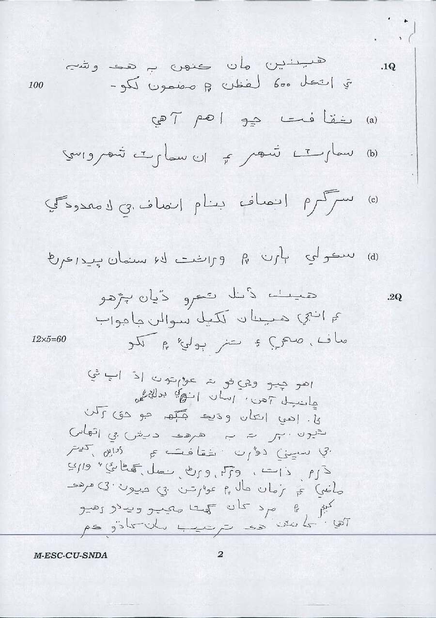 UPSC Civil Services Main Examination 2016 Sindhi (Arabic) Compulsory question paper page 1 instructions scan PDF download