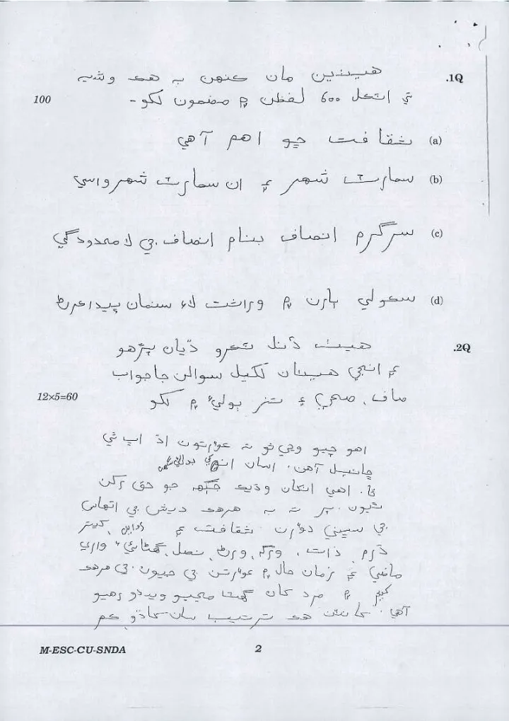 UPSC Civil Services Main Examination 2016 Sindhi (Arabic) Compulsory question paper page 1 instructions scan PDF download