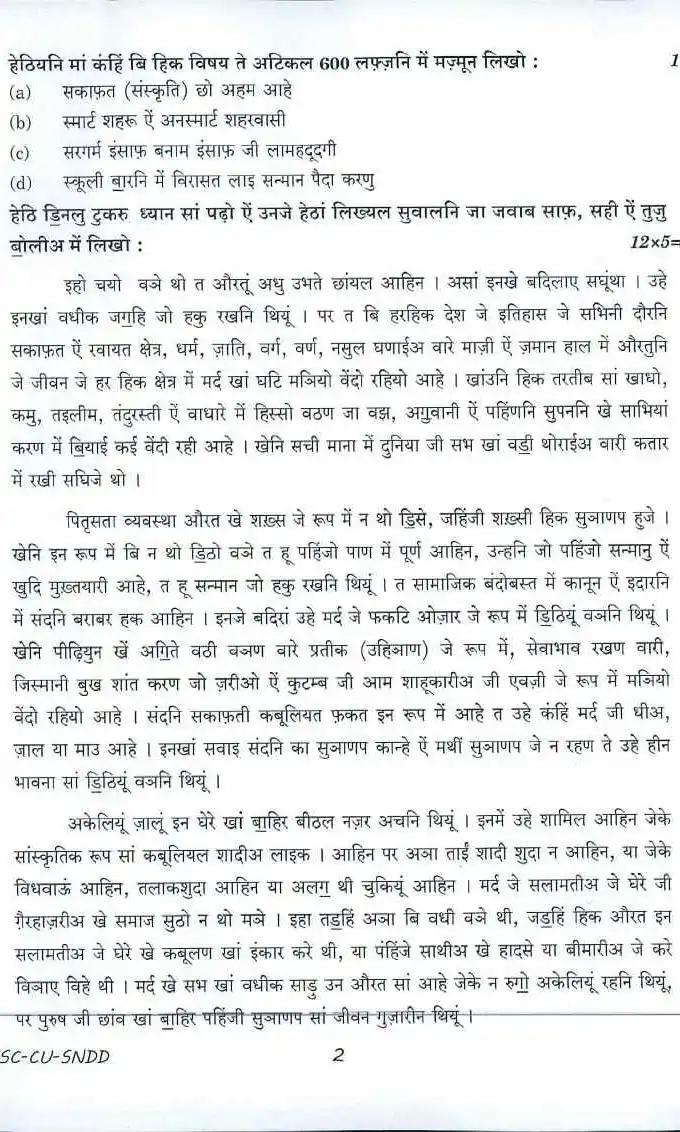 UPSC Civil Services Main 2016 Sindhi (Devanagari) (Compulsory) question paper page 1 instructions scan PDF download