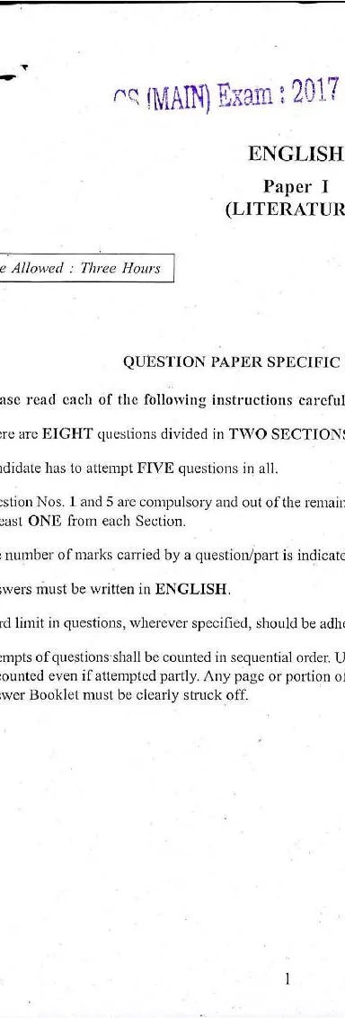 UPSC Civil Services Main Examination 2017 English Paper I Literature question paper page 1 instructions scan PDF download