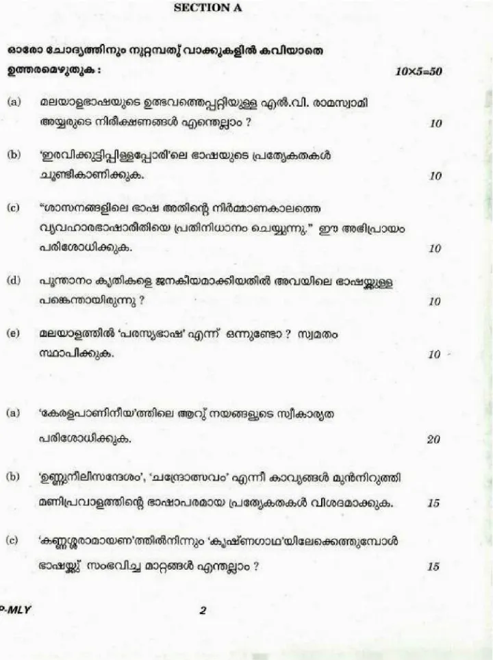 UPSC Civil Services Main 2018 Malayalam Literature Paper I question paper page 1 instructions scan PDF download