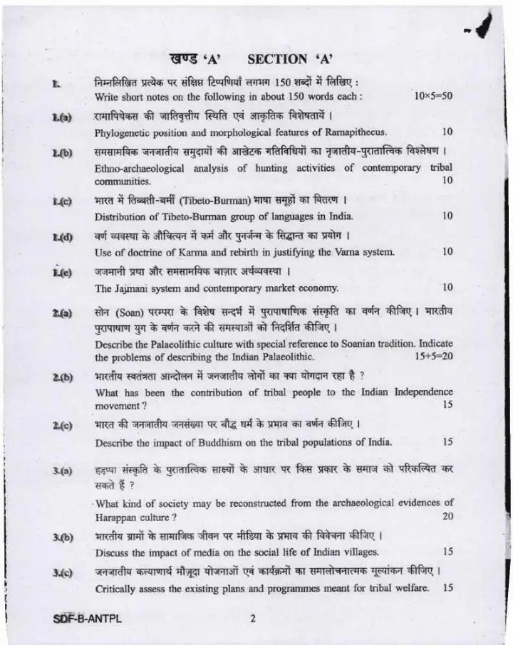 UPSC Civil Services Main Examination 2019 Anthropology Paper II question paper page 1 instructions scan PDF download