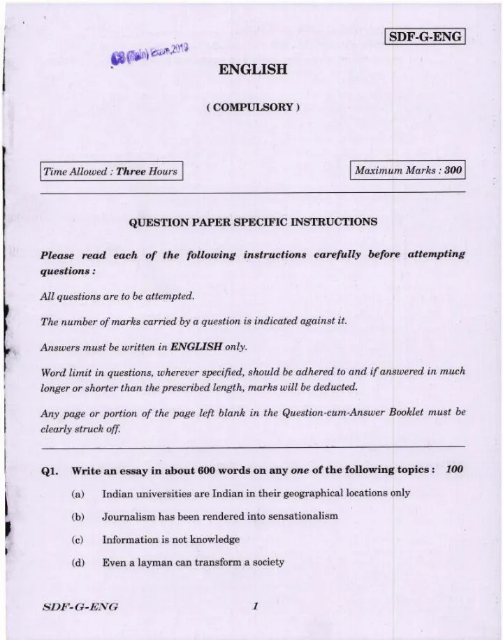 UPSC Civil Services Main 2019 English Compulsory question paper page 1 instructions scan PDF download