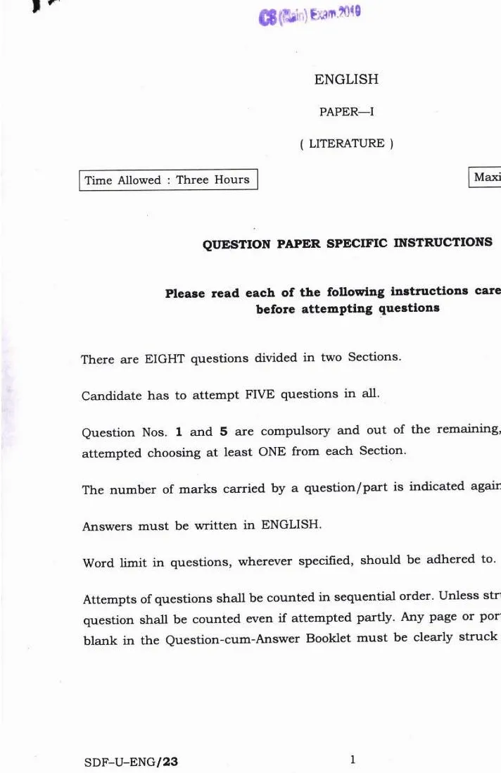 UPSC Civil Services Main 2019 English Literature Paper I question paper page 1 instructions scan PDF download