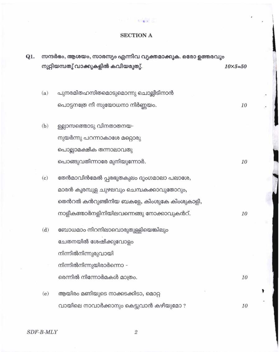 UPSC Civil Services Main 2019 Malayalam Literature Paper II question paper page 1 instructions scan PDF download