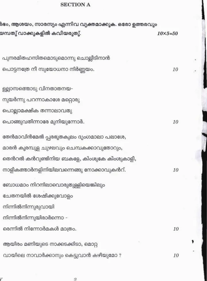UPSC Civil Services Main 2019 Malayalam Literature Paper II question paper page 1 instructions scan PDF download