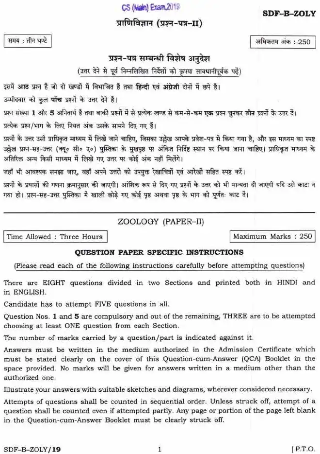 UPSC Civil Services Mains 2019 Zoology Paper II question paper page 1 instructions scan PDF download. Includes exam header, time, marks, and detailed instructions in Hindi and English.
