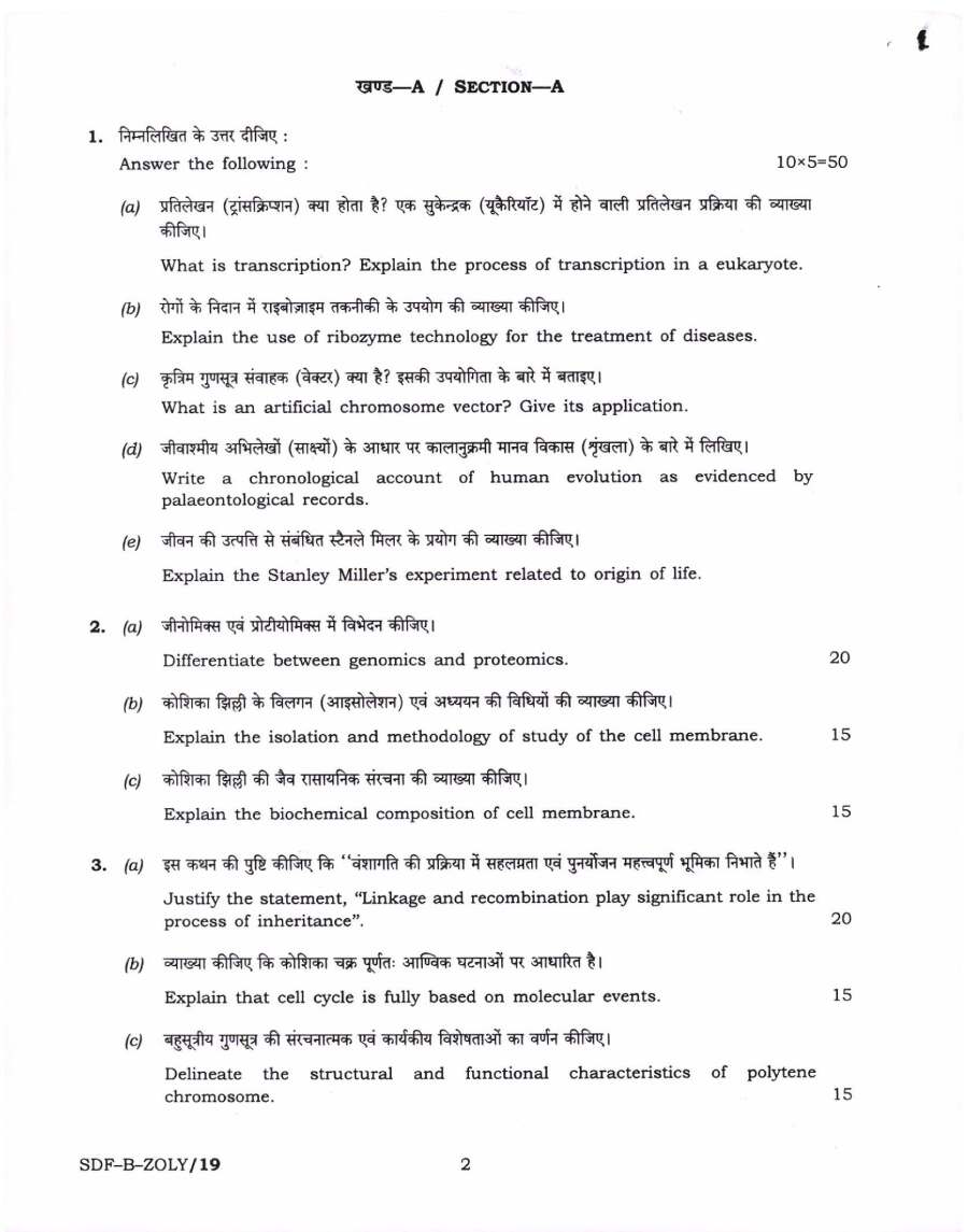 UPSC Civil Services Mains 2019 Zoology Paper II question paper page 1 instructions scan PDF download. Includes exam header, time, marks, and detailed instructions in Hindi and English.