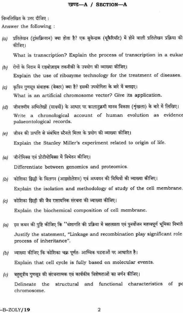 UPSC Civil Services Mains 2019 Zoology Paper II question paper page 1 instructions scan PDF download. Includes exam header, time, marks, and detailed instructions in Hindi and English.