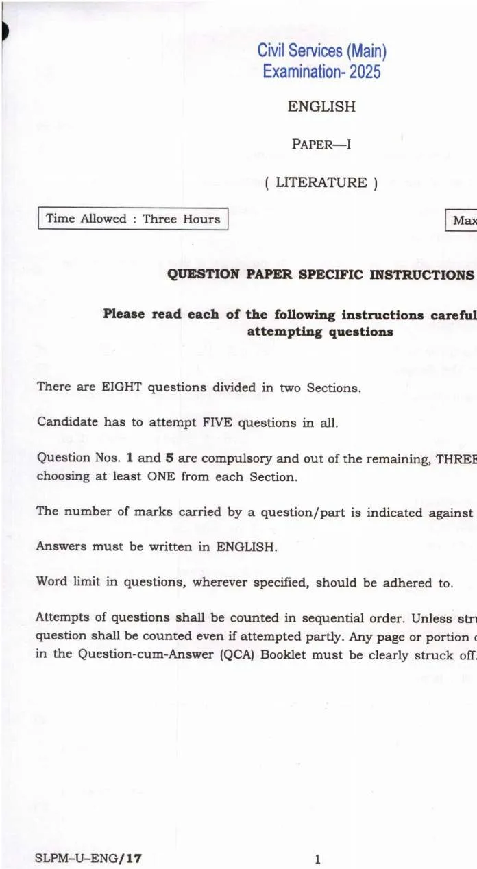 UPSC Civil Services Main 2025 English Literature Paper I question paper page 1 instructions scan PDF download