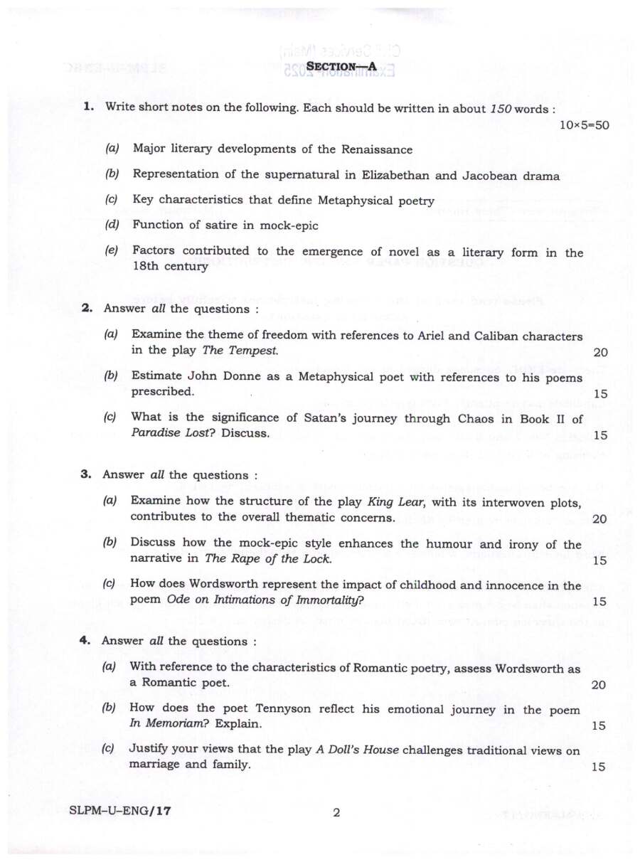 UPSC Civil Services Main 2025 English Literature Paper I question paper page 1 instructions scan PDF download