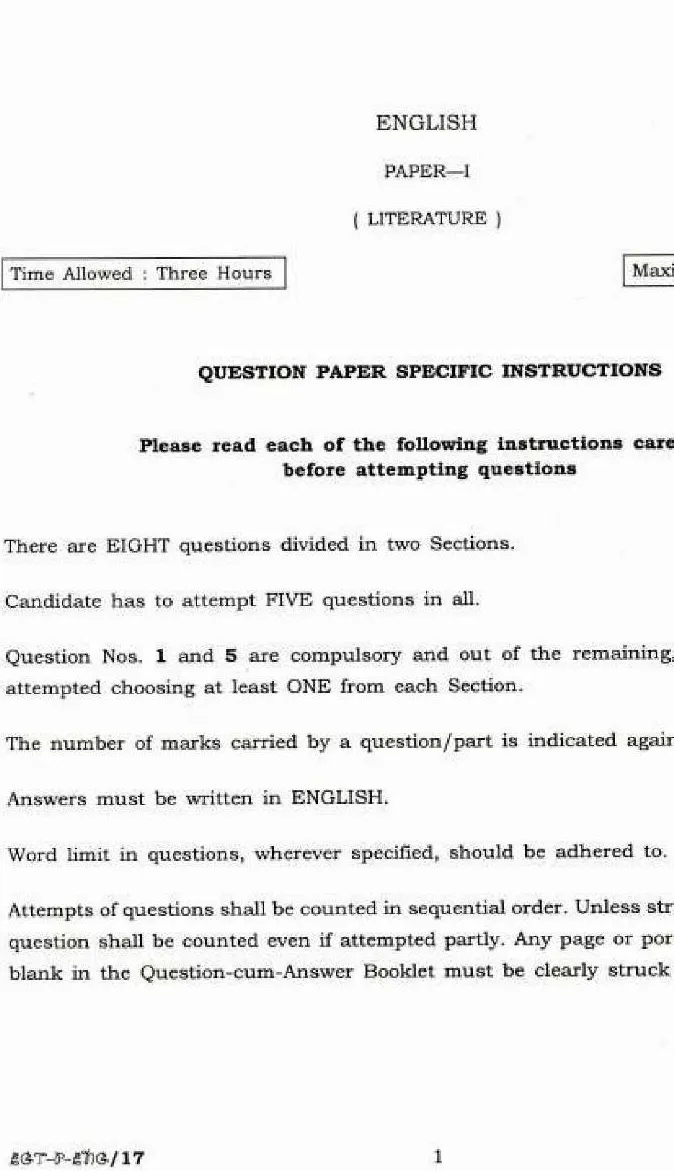 UPSC Civil Services Mains 2018 English Literature Paper I question paper page 1 instructions scan PDF download