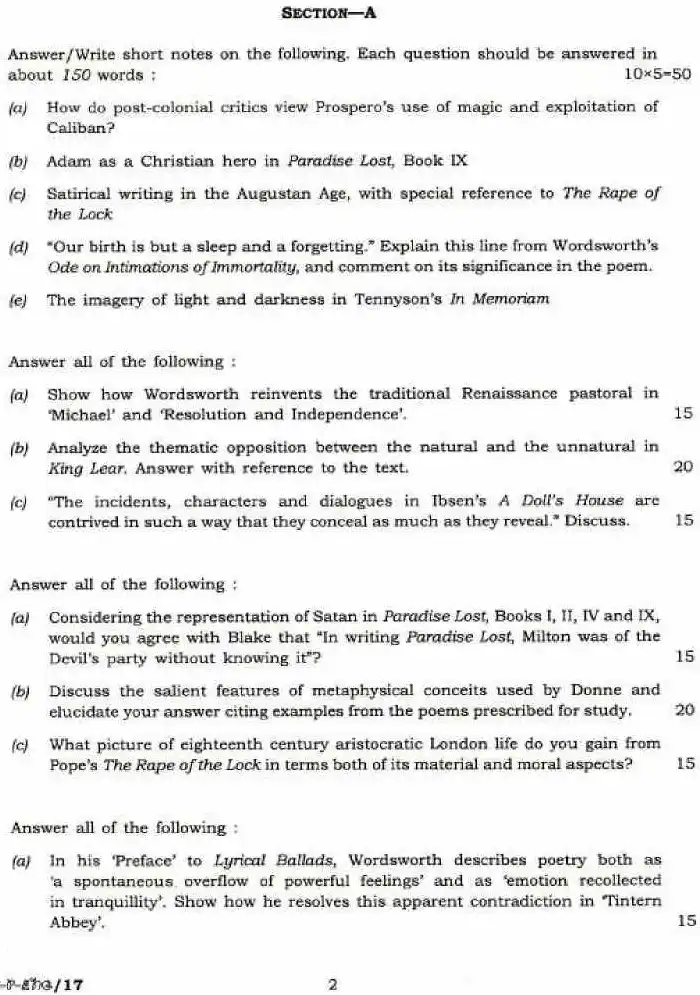 UPSC Civil Services Mains 2018 English Literature Paper I question paper page 1 instructions scan PDF download