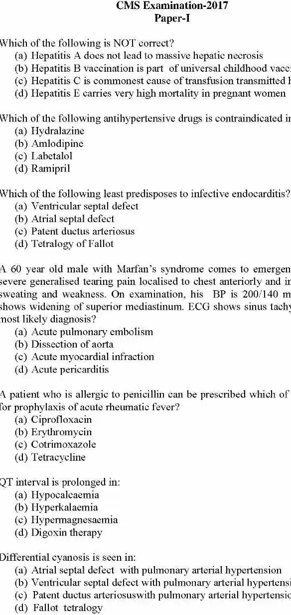UPSC CMS 2017 Paper-I General Medicine question paper page 1 instructions scan PDF download