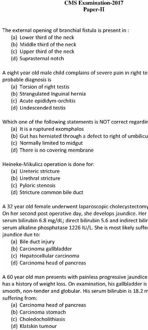 UPSC CMS 2017 Paper II Medical question paper page 1 scan PDF download, featuring exam details and objective questions.