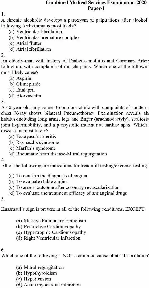 UPSC CMS 2020 Paper-I General Medicine question paper page 1 instructions scan PDF download