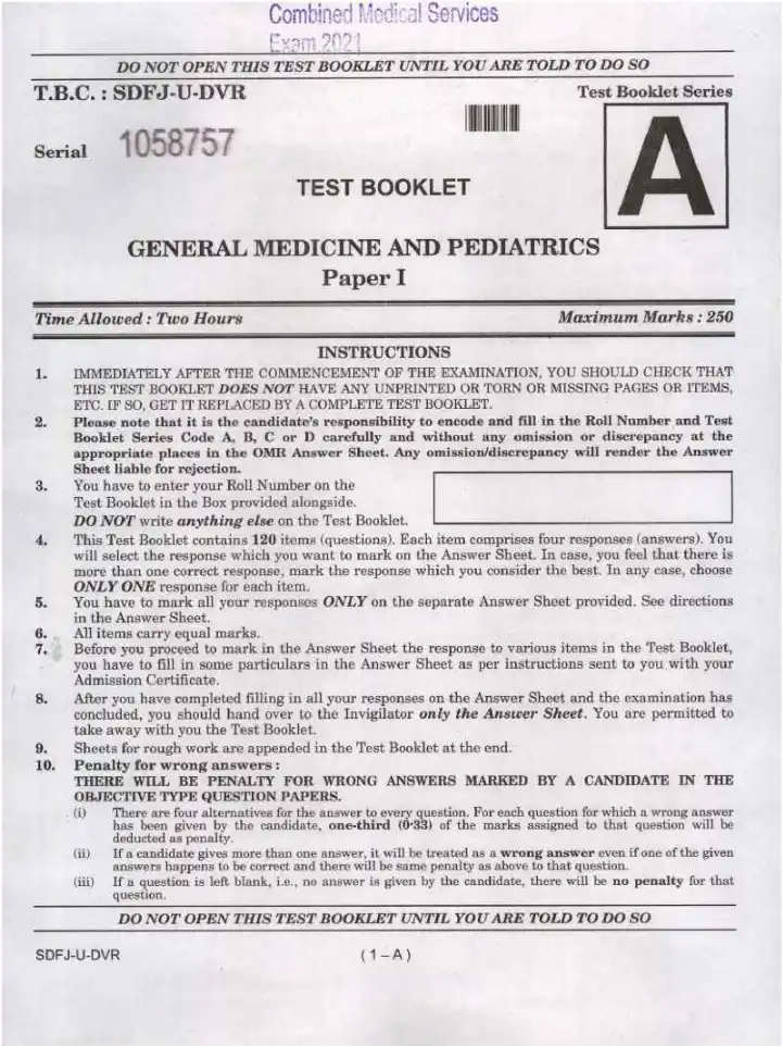 UPSC CMS 2021 General Medicine and Pediatrics question paper page 1 instructions scan PDF download