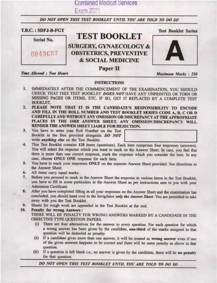 UPSC CMS 2021 Surgery, Gynaecology & Obstetrics, Preventive & Social Medicine Paper II question paper page 1 instructions scan PDF download