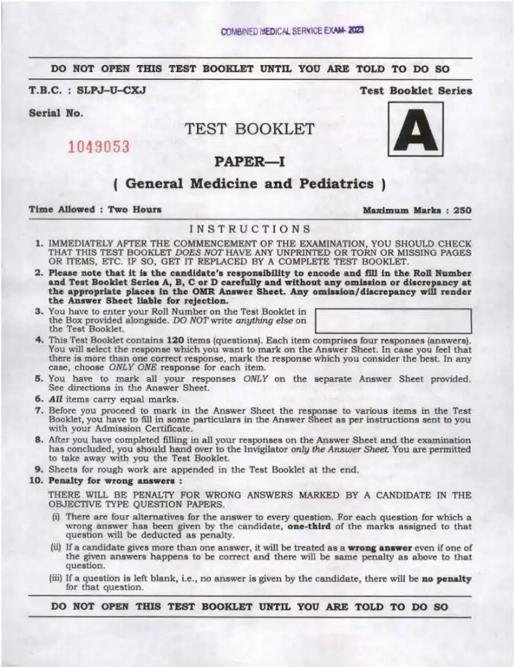 UPSC CMS 2023 General Medicine and Pediatrics Paper-I question paper page 1 instructions scan PDF download