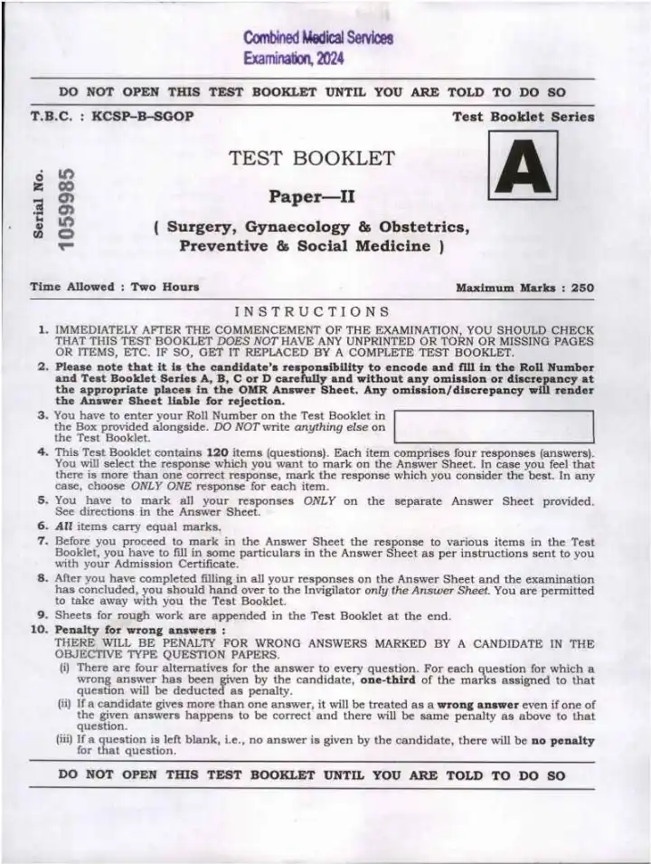 UPSC CMS 2024 Paper II Surgery Gynaecology Obstetrics Preventive Social Medicine question paper page 1 instructions scan PDF download