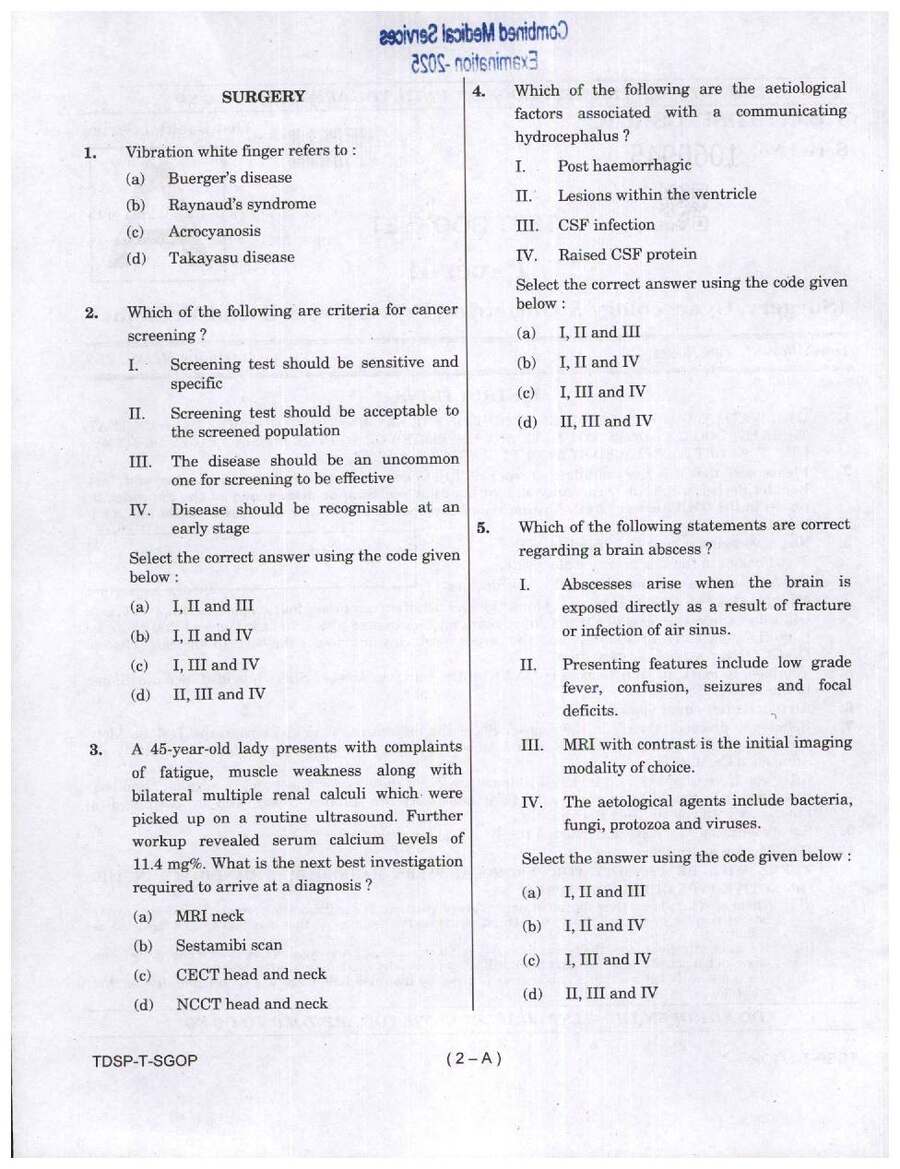 UPSC CMS 2025 Paper II question paper page 1 instructions scan PDF download for Surgery, Gynaecology & Obstetrics, Preventive & Social Medicine exam.