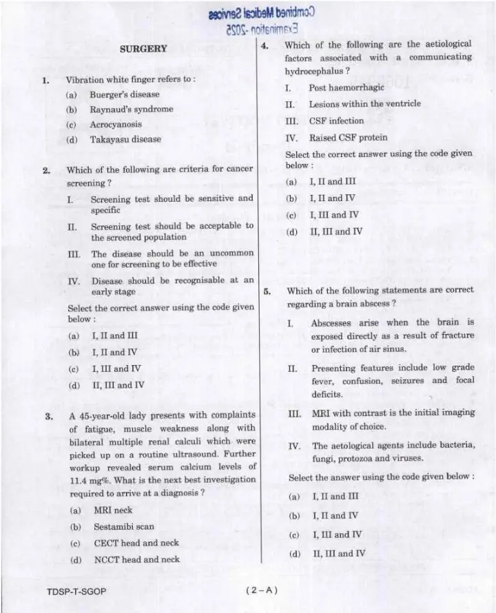 UPSC CMS 2025 Paper II question paper page 1 instructions scan PDF download for Surgery, Gynaecology & Obstetrics, Preventive & Social Medicine exam.