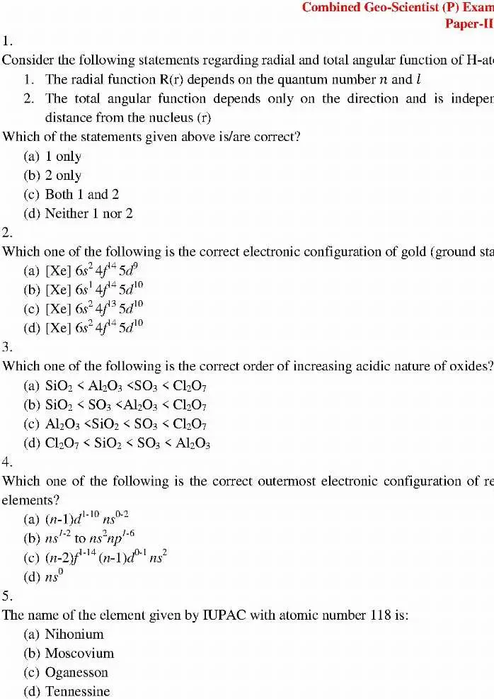 UPSC Combined Geo-Scientist 2020 Chemistry Paper II question paper page 1 scan PDF download
