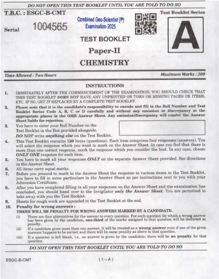 UPSC Combined Geo-Scientist 2025 Chemistry Prelims question paper page 1 instructions scan PDF download