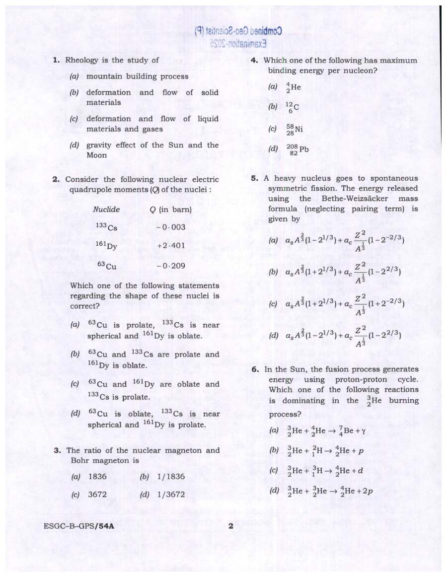 UPSC Combined Geo-Scientist (Preliminary) Examination 2025 Paper II Geophysics question paper page 1 instructions scan PDF download
