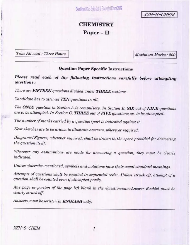 UPSC Combined Geo-Scientist 2019 Chemistry Paper II question paper page 1 instructions scan PDF download