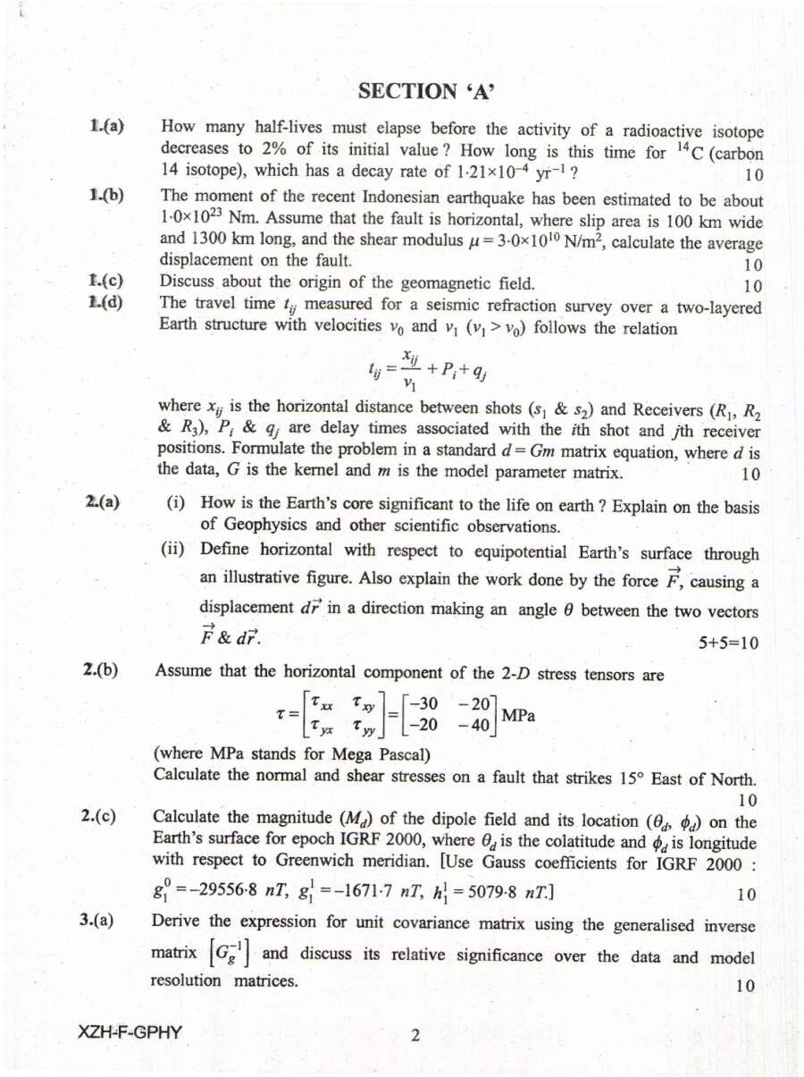 UPSC Combined Geo-Scientist Geologist 2019 Geophysics Paper I question paper page 1 instructions scan PDF download