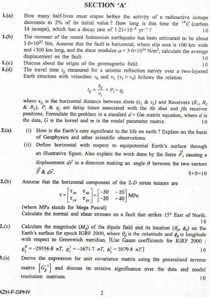 UPSC Combined Geo-Scientist Geologist 2019 Geophysics Paper I question paper page 1 instructions scan PDF download