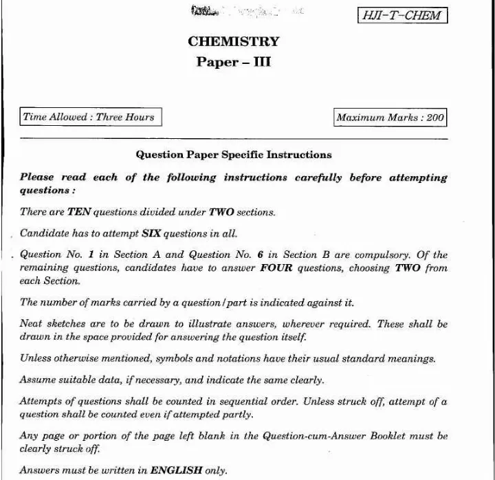 UPSC Combined Geo-Scientist Main 2020 Chemistry Paper III page 1 instructions scan PDF download