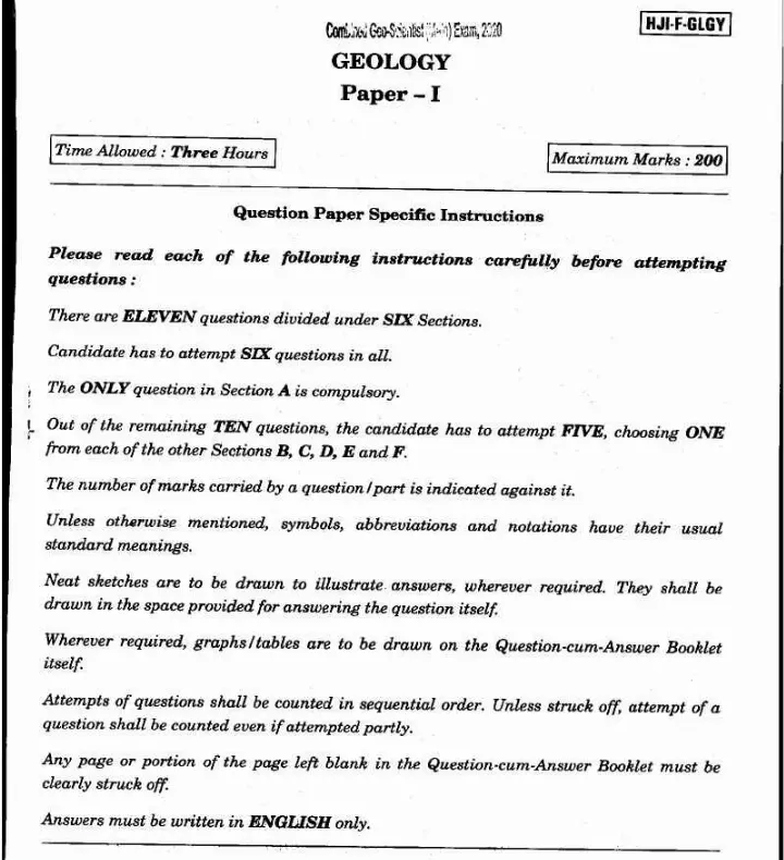 UPSC Combined Geo-Scientist Main 2020 Geology Paper I question paper page 1 instructions scan PDF download