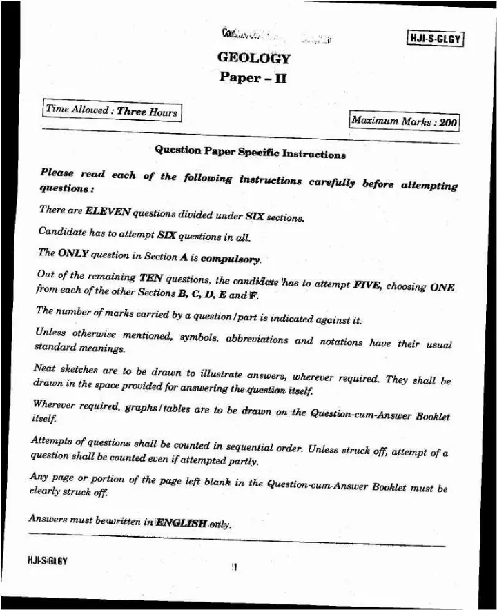 UPSC Combined Geo-Scientist Main 2020 Geology Paper II question paper page 1 instructions and exam header scan PDF download