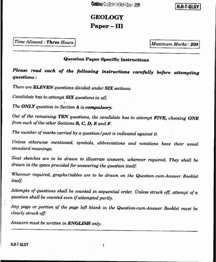 UPSC Combined Geo-Scientist Main 2020 Geology Paper III question paper page 1 instructions scan PDF download