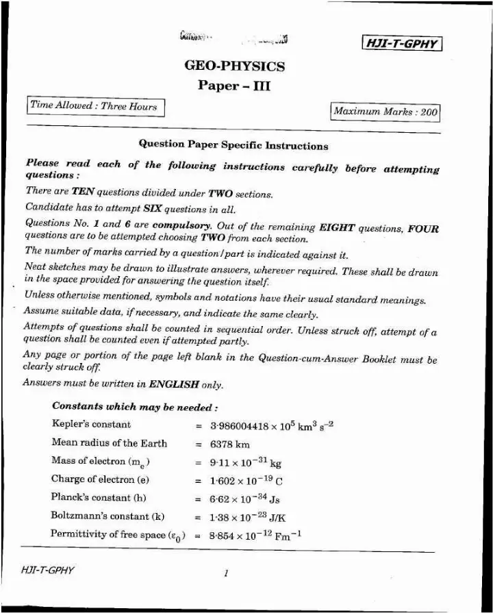 UPSC Combined Geo-Scientist Main 2020 Geophysics Paper III question paper page 1 instructions scan PDF download