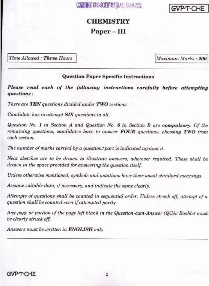 UPSC Combined Geo-Scientist Main 2022 Chemistry Paper III question paper page 1 instructions scan PDF download