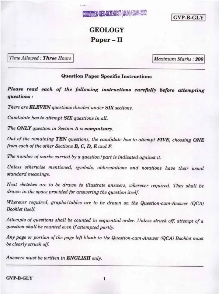 UPSC Combined Geo-Scientist (Main) Examination 2022 Geology Paper II page 1 instructions scan PDF download
