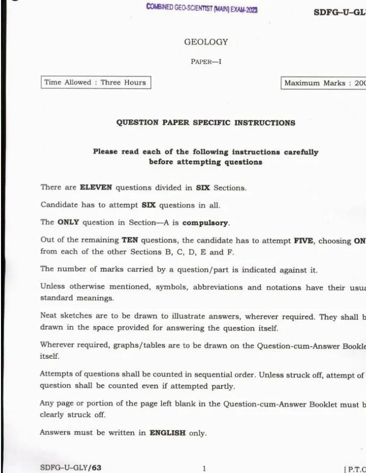UPSC Combined Geo-Scientist Main 2023 Geology Paper-I question paper page 1 instructions scan PDF download