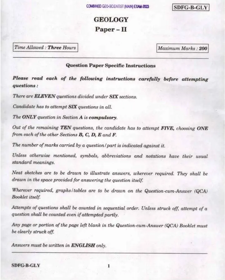 UPSC Combined Geo-Scientist Main 2023 Geology Paper II question paper page 1 instructions scan PDF download