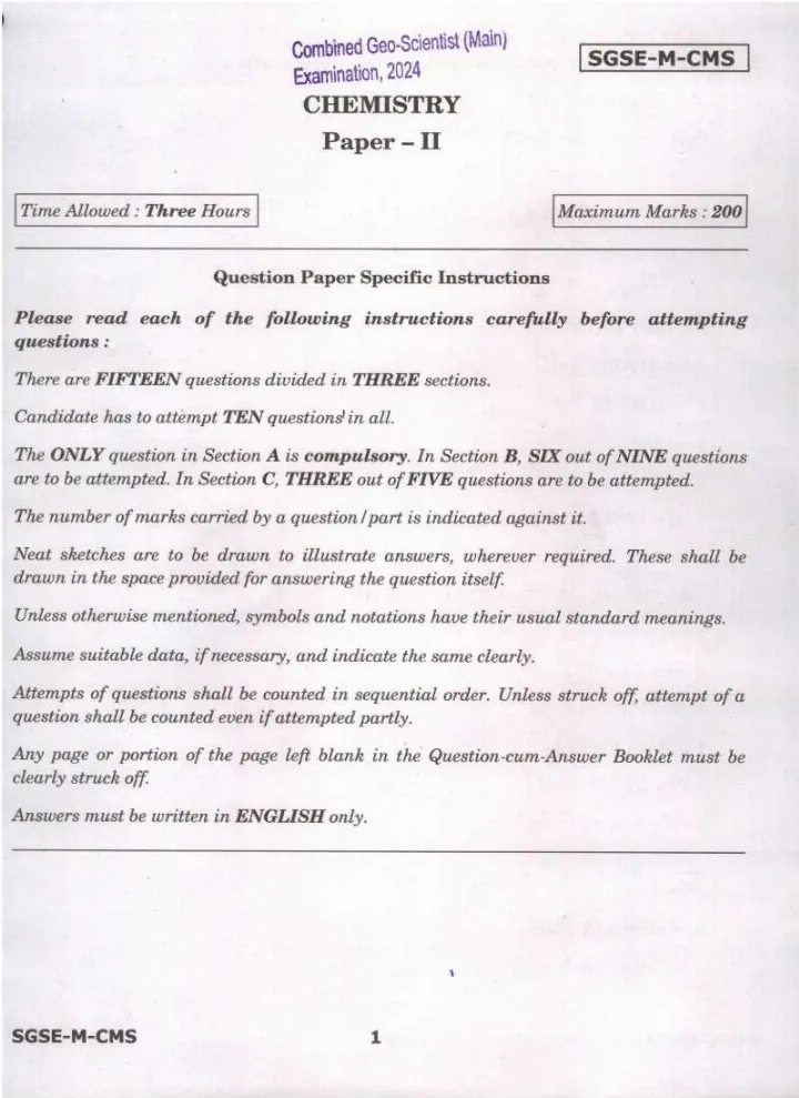 Combined Geo-Scientist Main 2024 Chemistry Paper II question paper page 1 instructions scan PDF download