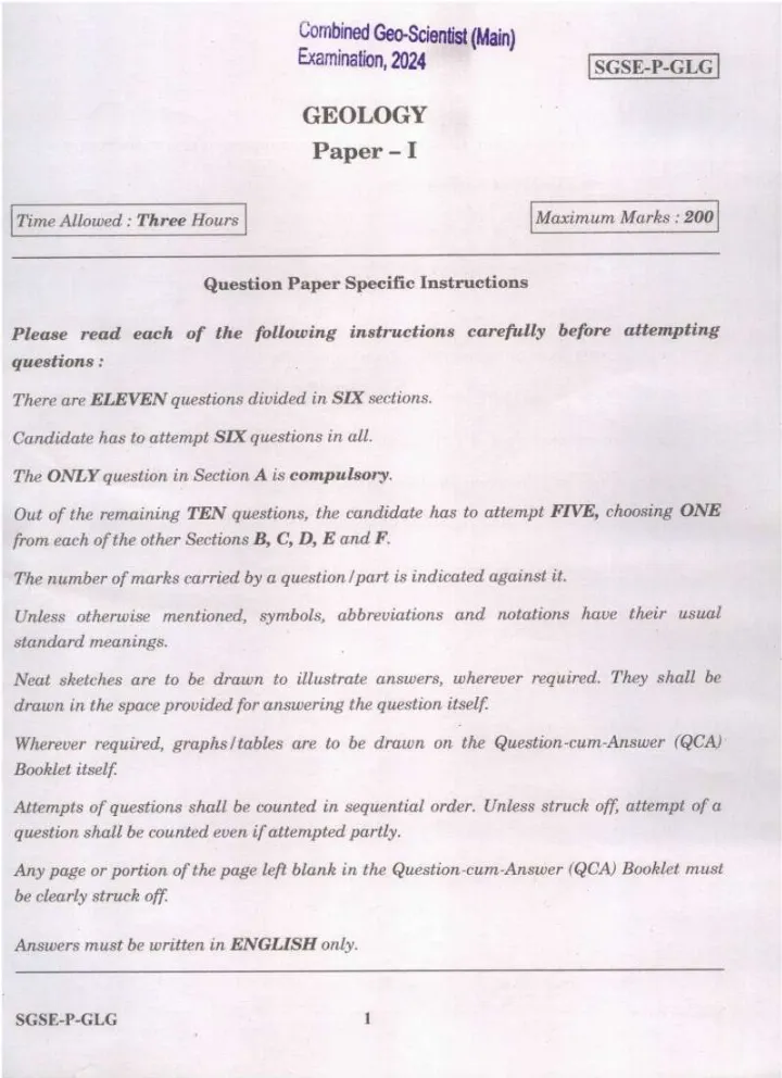 UPSC Combined Geo-Scientist Main 2024 Geology Paper I question paper page 1 instructions scan PDF download