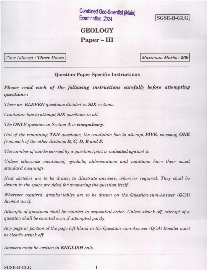 UPSC Combined Geo-Scientist Main 2024 Geology Paper III question paper page 1 instructions scan PDF download