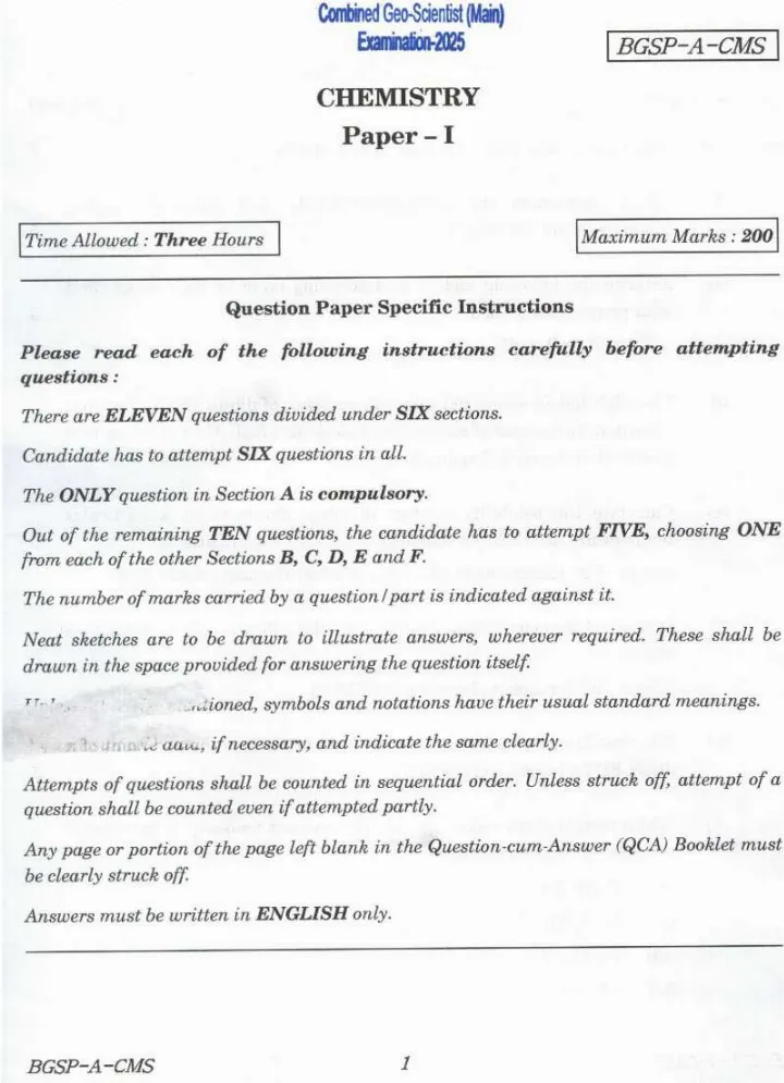 UPSC Combined Geo-Scientist (Main) Examination 2025 Chemistry Paper I page 1 scan showing important exam instructions and header details. Download PDF.