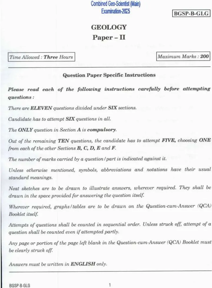 UPSC Combined Geo-Scientist Main 2025 Geology Paper II question paper page 1 instructions scan PDF download. UPSC Geo-Scientist Main exam instructions.