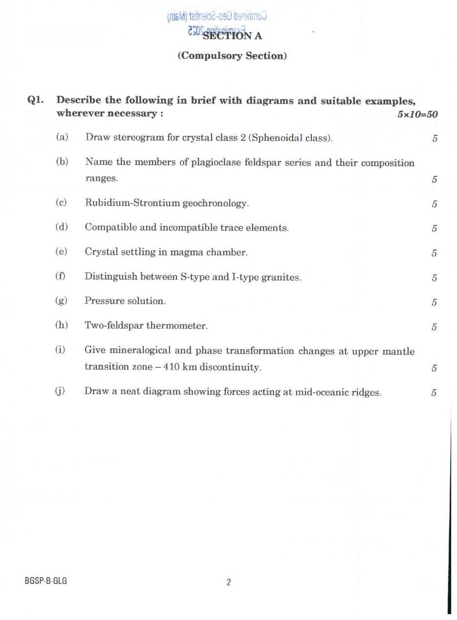 UPSC Combined Geo-Scientist Main 2025 Geology Paper II question paper page 1 instructions scan PDF download. UPSC Geo-Scientist Main exam instructions.
