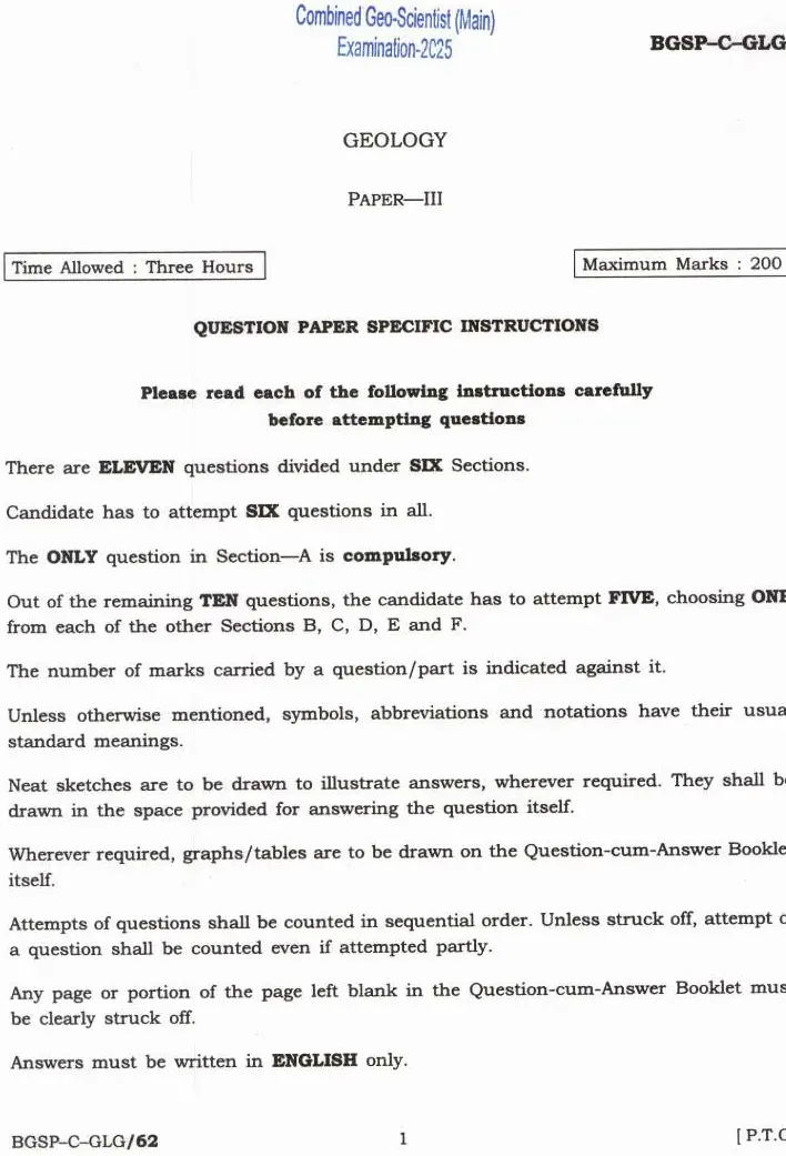 UPSC Combined Geo-Scientist (Main) Examination 2025 Geology Paper III page 1 instructions scan PDF download