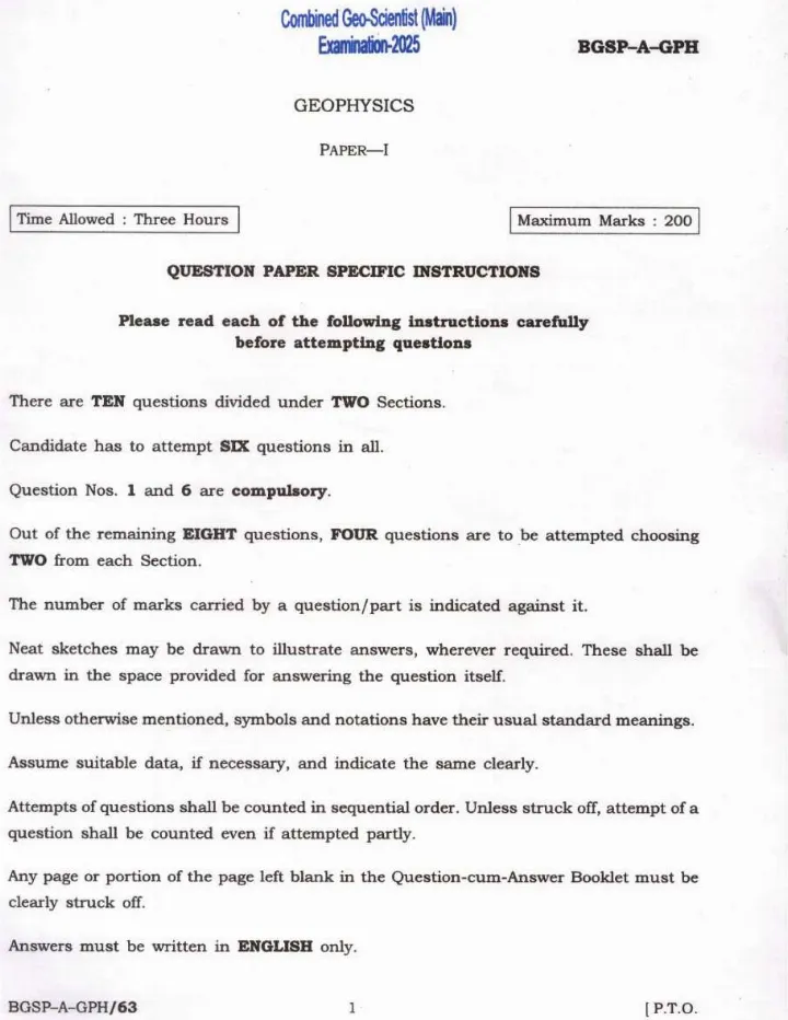 UPSC Combined Geo-Scientist Main 2025 Geophysics Paper I question paper page 1 instructions scan PDF download