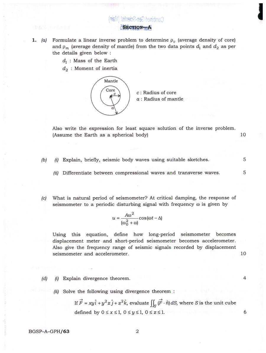 UPSC Combined Geo-Scientist Main 2025 Geophysics Paper I question paper page 1 instructions scan PDF download